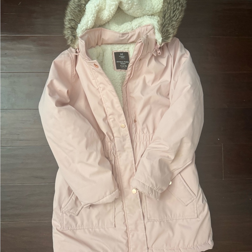 Women's Pink Hooded Jacket with Faux Fur Trim